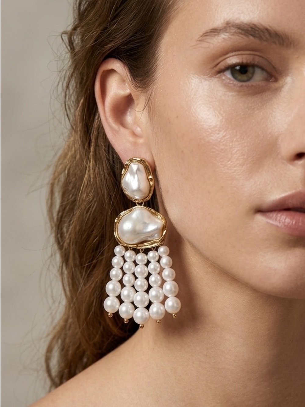 Elegant Baroque Pearl Tassel Drop Earrings Gold Tone Statement Jewelry